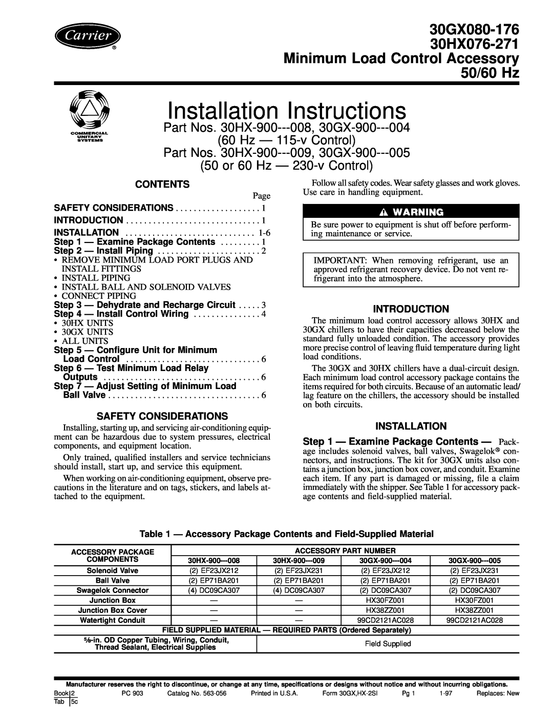 Carrier 30HX076-271, 30GX080-176 installation instructions Contents, Introduction, Safety Considerations, Installation 