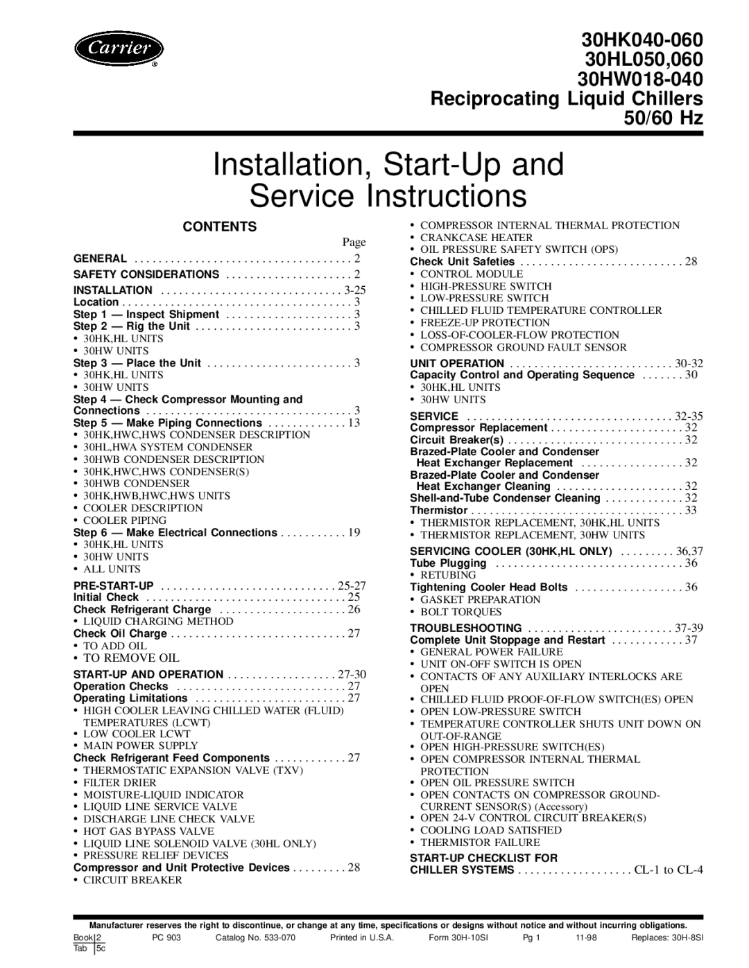 Carrier 30HL050, 30HW018-040, 30HK040-060 specifications Installation, Start-Up Service Instructions, Contents 