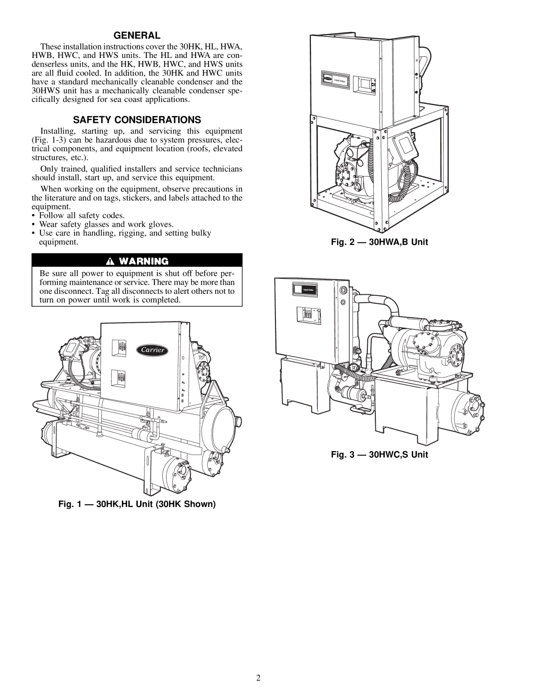 Carrier 30HW018-040, 30HL050, 30HK040-060 specifications General, Safety Considerations 