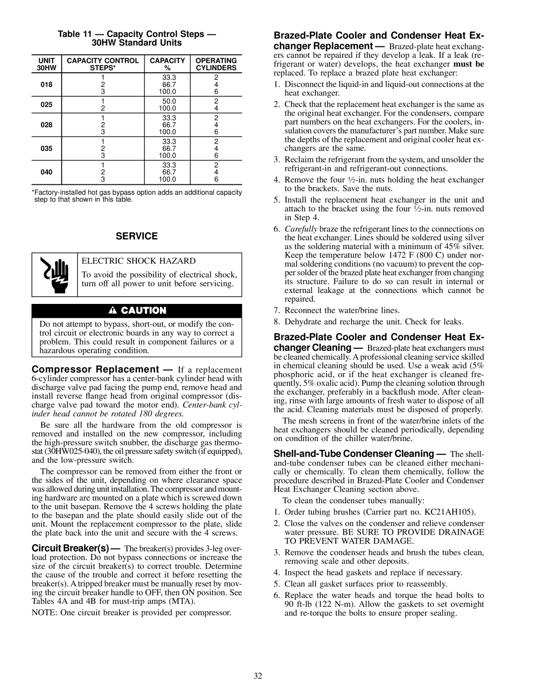 Carrier 30HW018-040, 30HL050, 060 Service, Capacity Control Steps Ð 30HW Standard Units, Unit Capacity Control Operating 