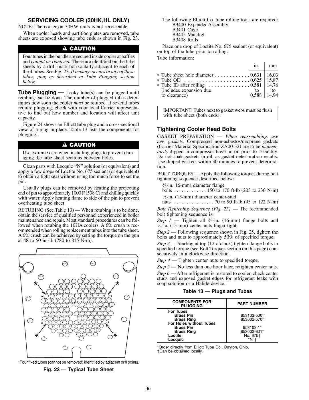 Carrier 30HW018-040, 30HL050, 30HK040-060 Servicing Cooler 30HK,HL only, Tightening Cooler Head Bolts, Plugs and Tubes 