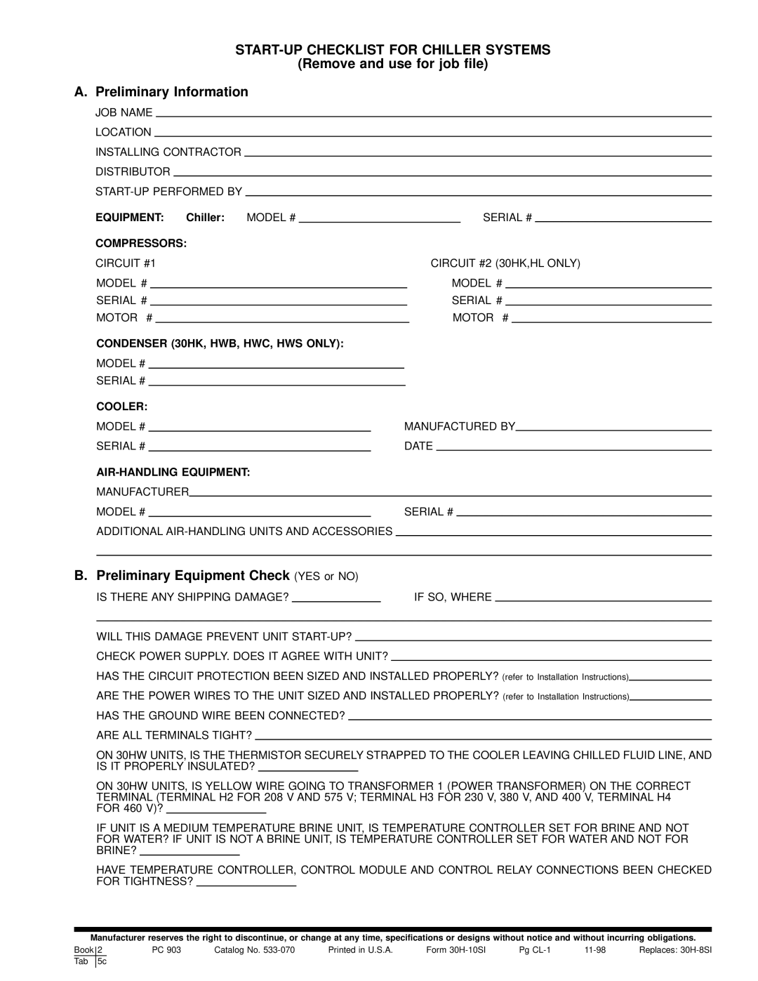 Carrier 30HL050, 30HW018-040, 060 START-UP Checklist for Chiller Systems, Remove and use for job le Preliminary Information 