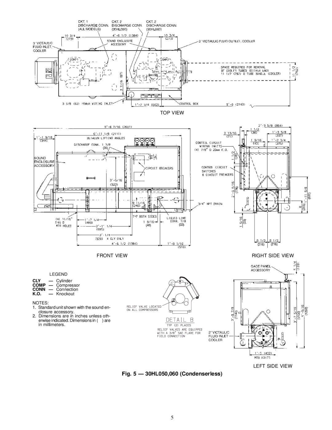 Carrier 30HW018-040, 30HK040-060 specifications 30HL050,060 Condenserless, TOP View Front View Right Side View 