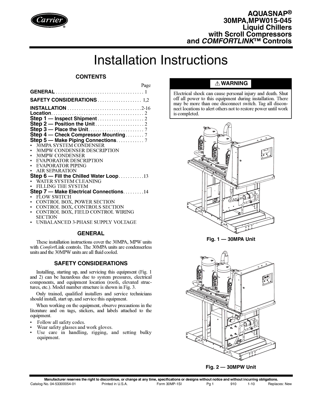 Carrier 30MPA installation instructions Installation Instructions 