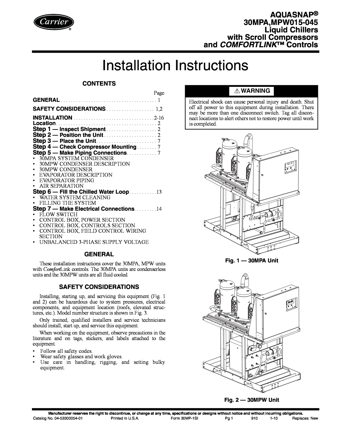 Carrier 30MPA installation instructions Contents, General, Safety Considerations, a30-5029, a30-5030 