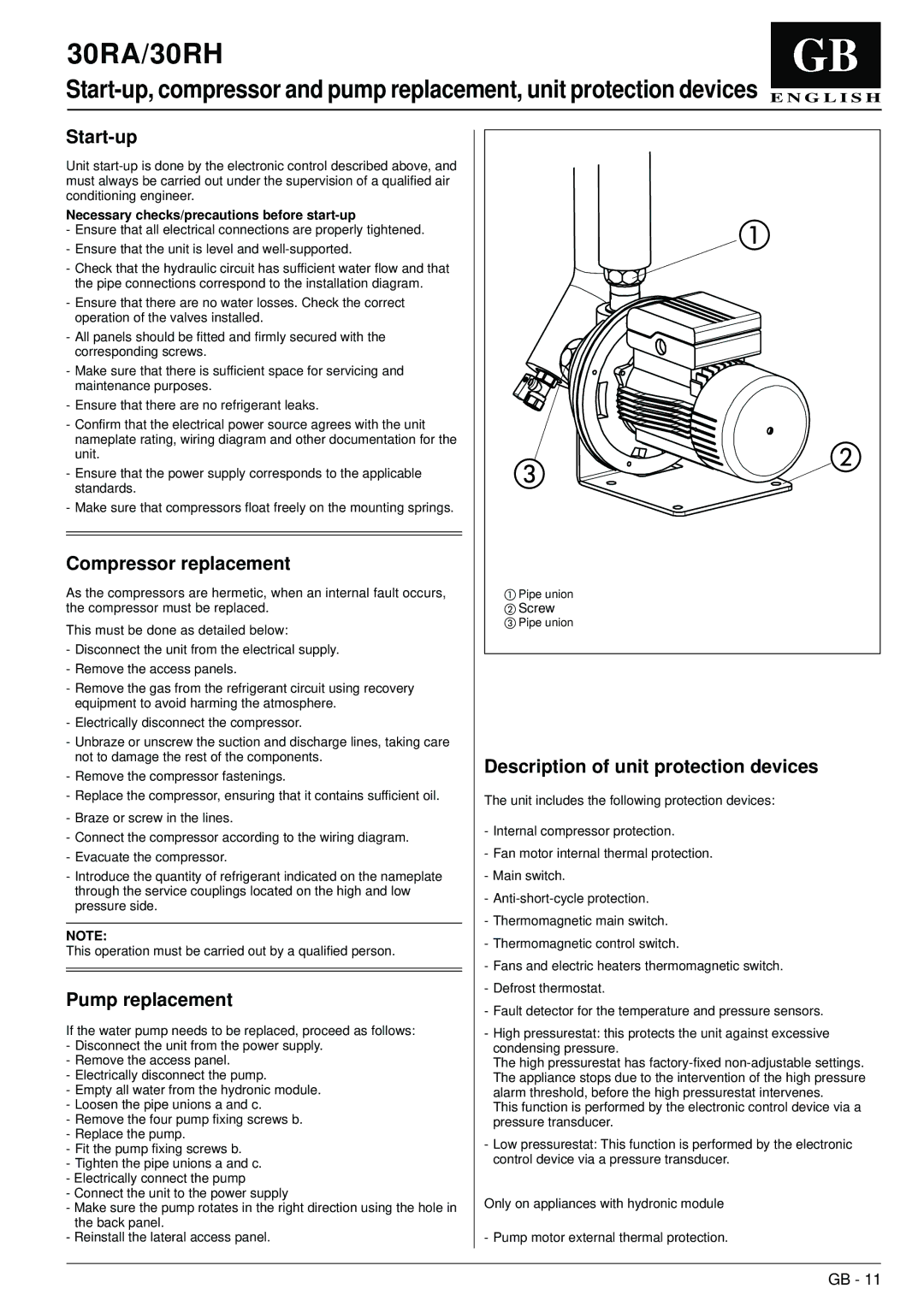 Carrier 30RA, 30RH manual Start-up, Compressor replacement, Pump replacement, Description of unit protection devices 