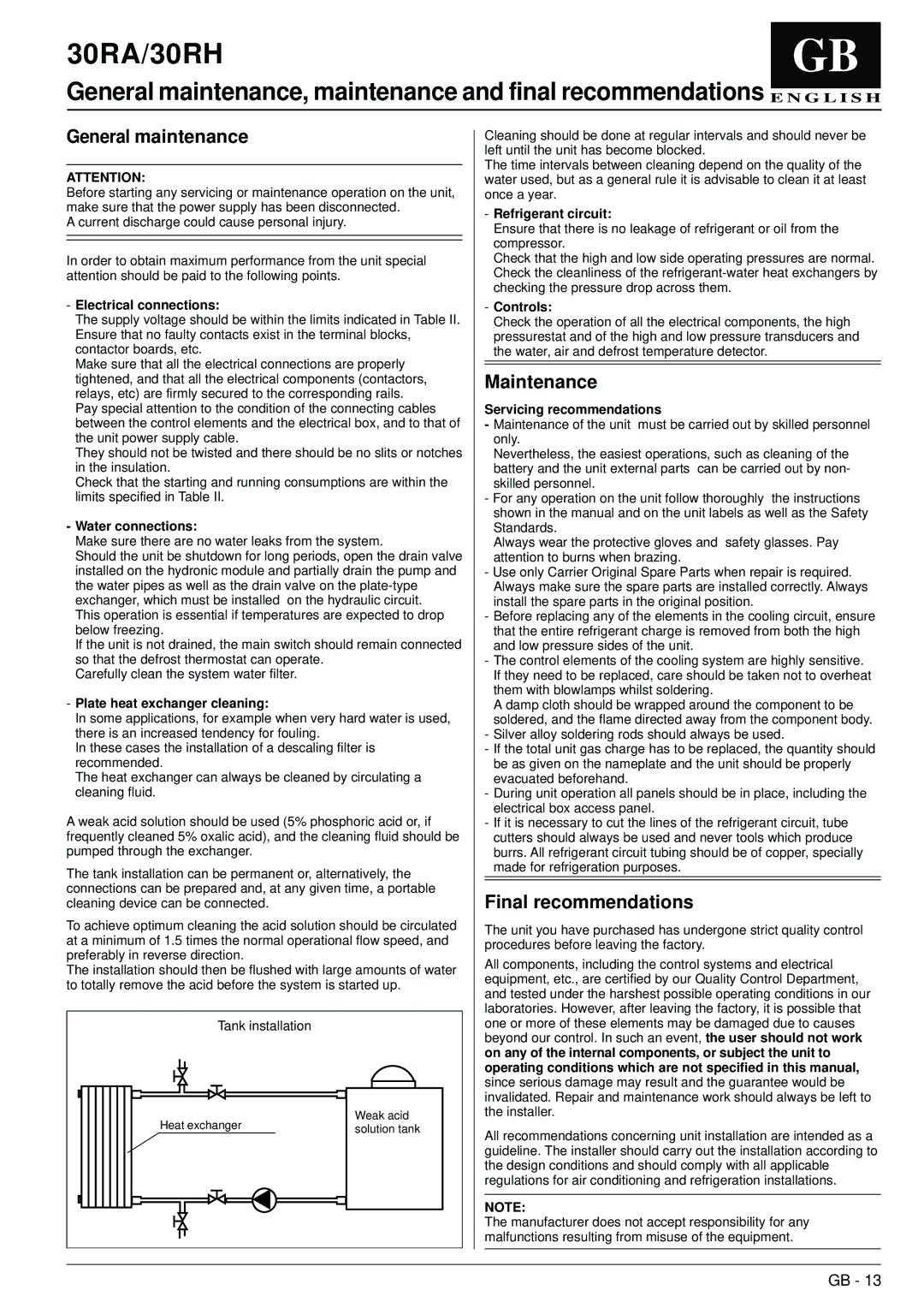 Carrier 30RA, 30RH manual General maintenance, Maintenance, Final recommendations 