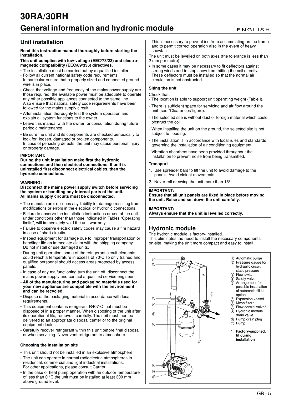 Carrier 30RA, 30RH manual General information and hydronic module, Unit installation, Hydronic module 