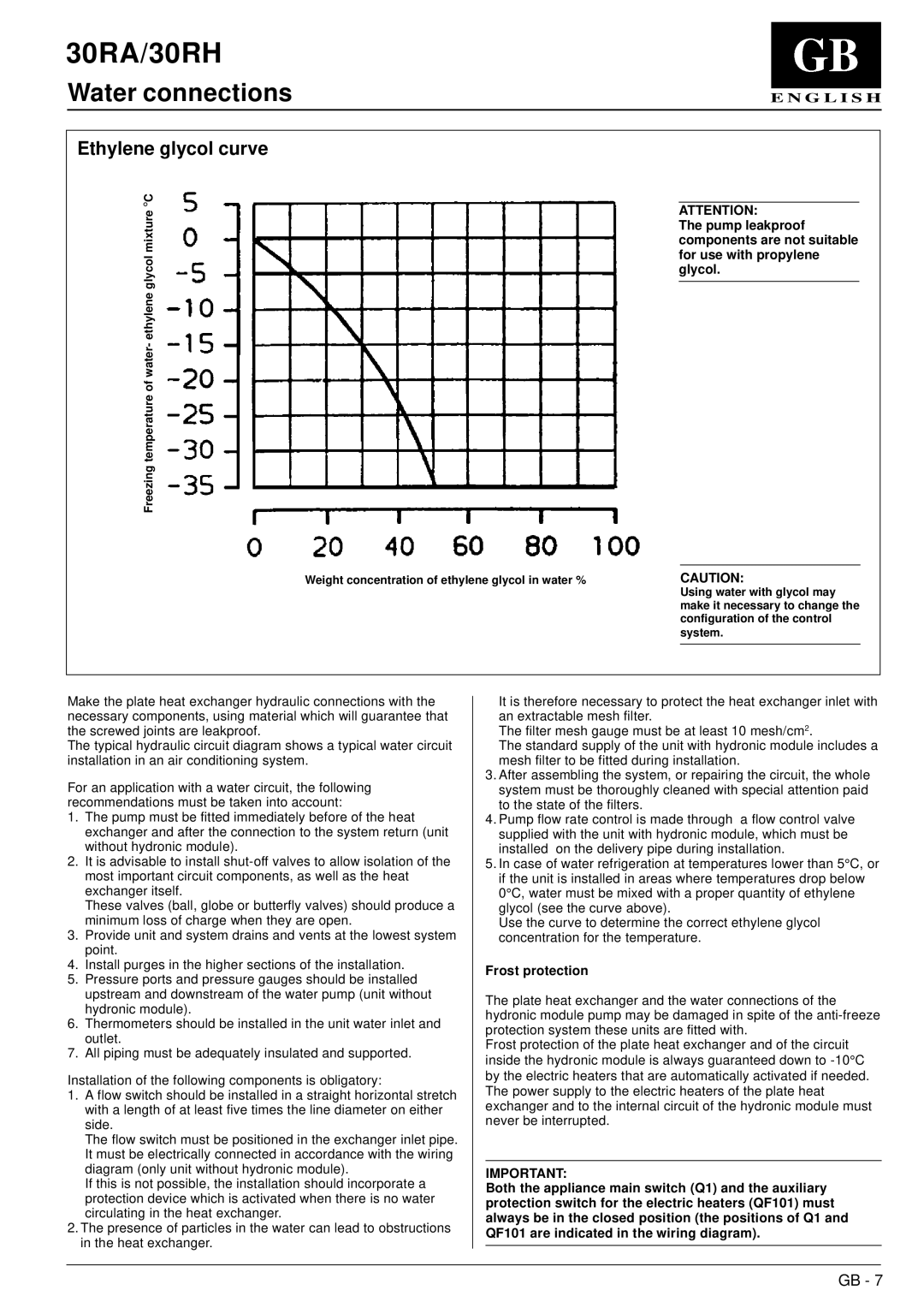 Carrier 30RA, 30RH manual Ethylene glycol curve, Pump leakproof, For use with propylene, Glycol, Frost protection 