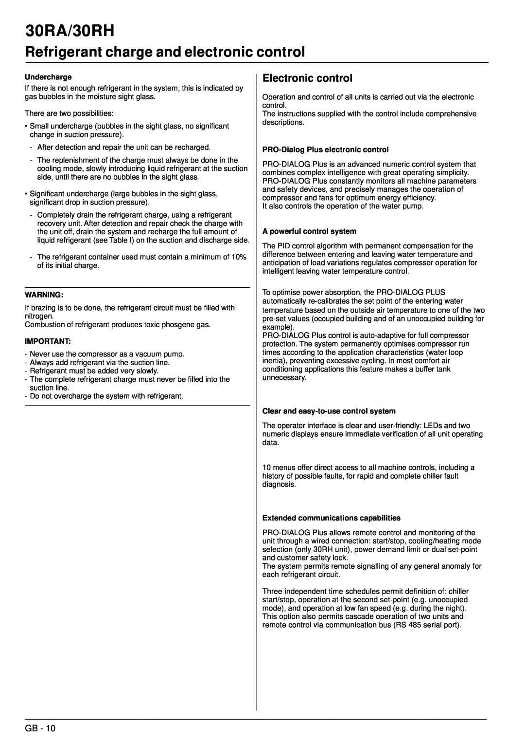 Carrier manual Refrigerant charge and electronic control, 30RA/30RH, Gb, Undercharge, PRO-DialogPlus electronic control 