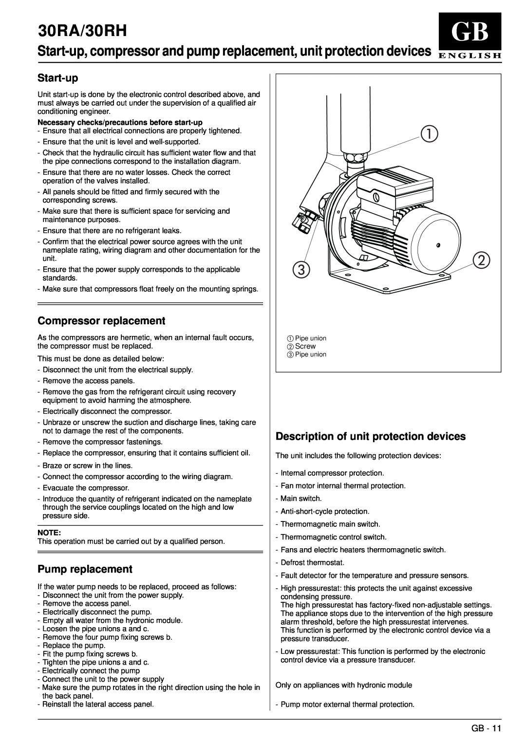 Carrier manual 30RA/30RH, Start-up, Compressor replacement, Pump replacement, Description of unit protection devices, Gb 