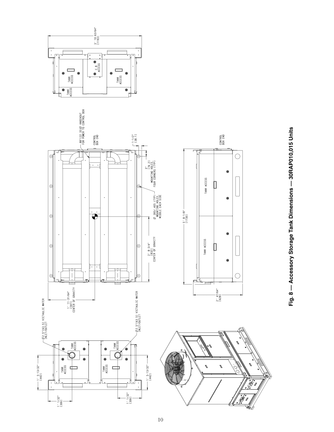 Carrier 30RAP010-060 installation instructions A30-4879, Accessory Storage Tank Dimensions 30RAP010,015 Units 