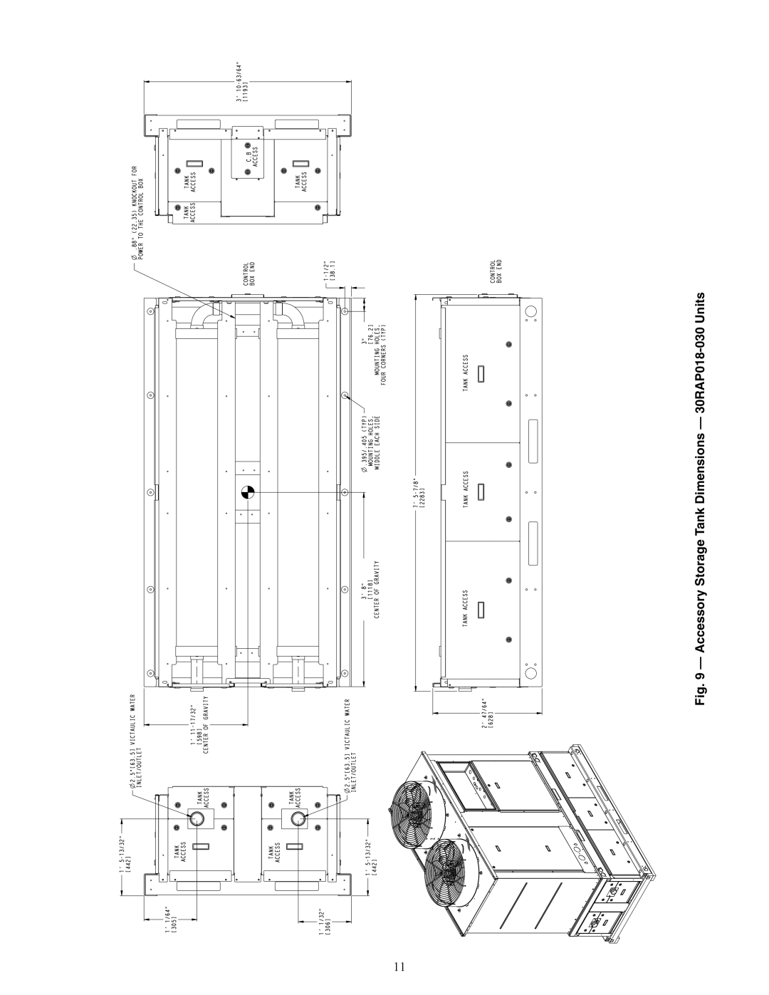 Carrier 30RAP010-060 installation instructions A30-4880, Accessory Storage Tank Dimensions 30RAP018-030 Units 