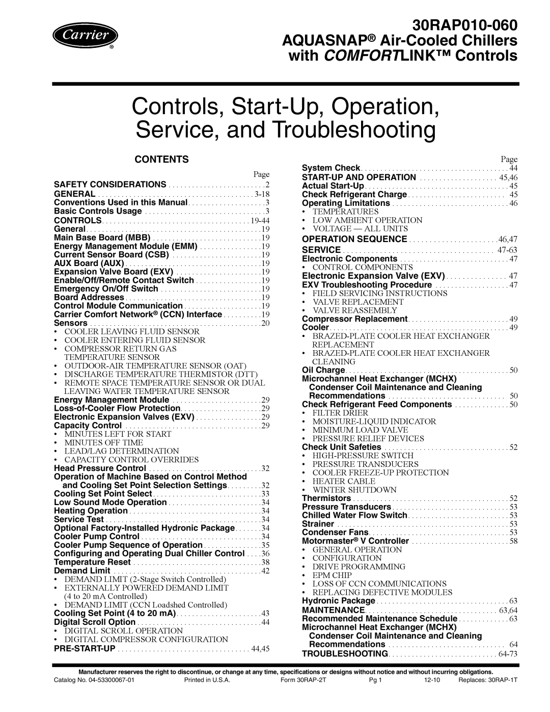 Carrier 30RAP010-060 specifications Controls, Start-Up, Operation, Service, and Troubleshooting, Contents 