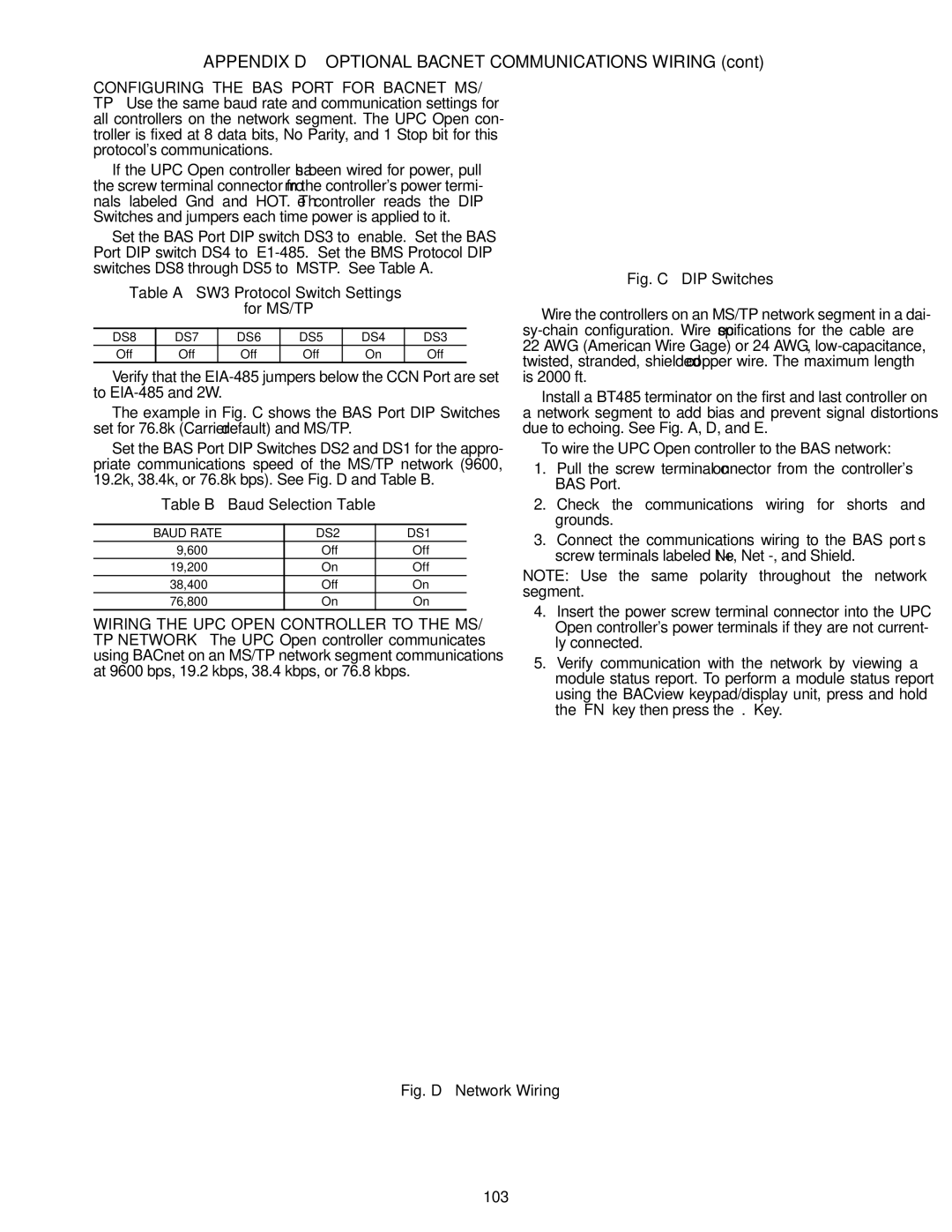 Carrier 30RAP010-060 Appendix D Optional Bacnet Communications Wiring, Table a SW3 Protocol Switch Settings For MS/TP 