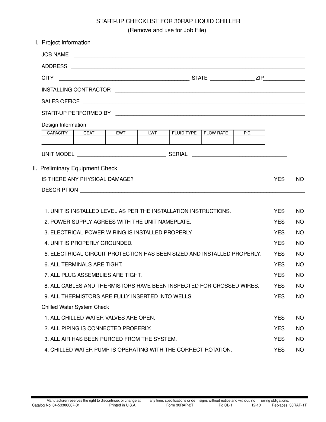 Carrier 30RAP010-060 START-UP Checklist for 30RAP Liquid Chiller, Remove and use for Job File Project Information 