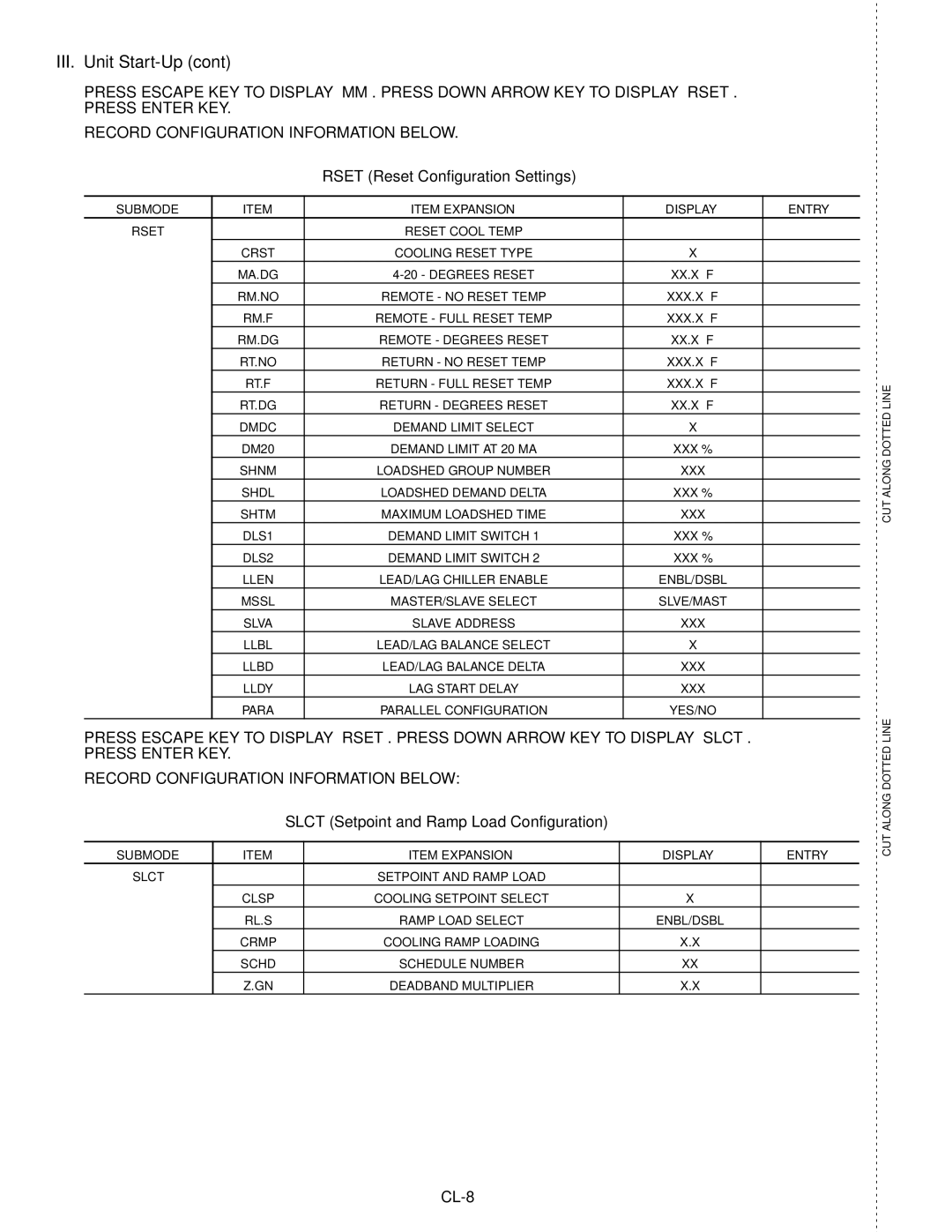 Carrier 30RAP010-060 specifications Rset Reset Configuration Settings, Slct Setpoint and Ramp Load Configuration 