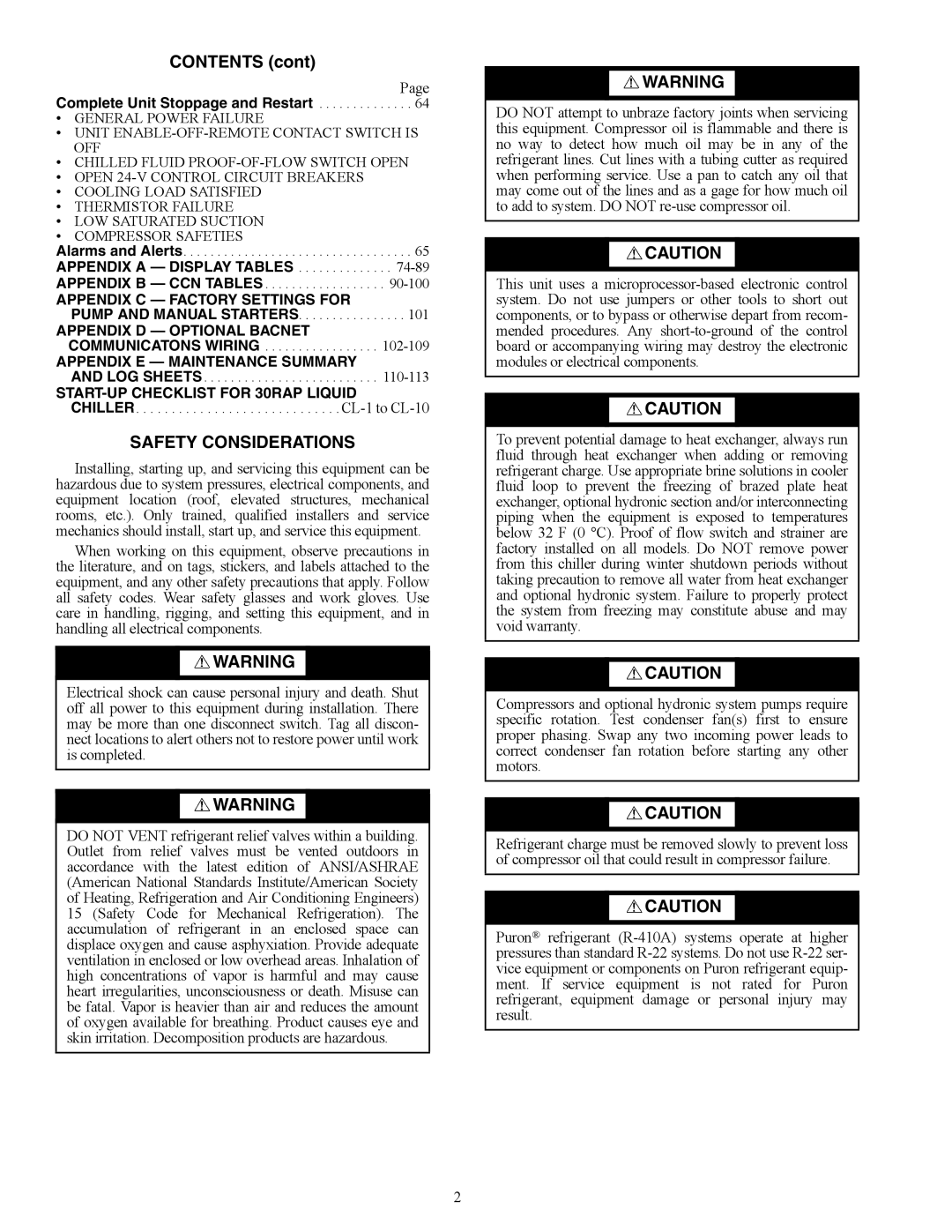 Carrier 30RAP010-060 specifications Contents, Safety Considerations 