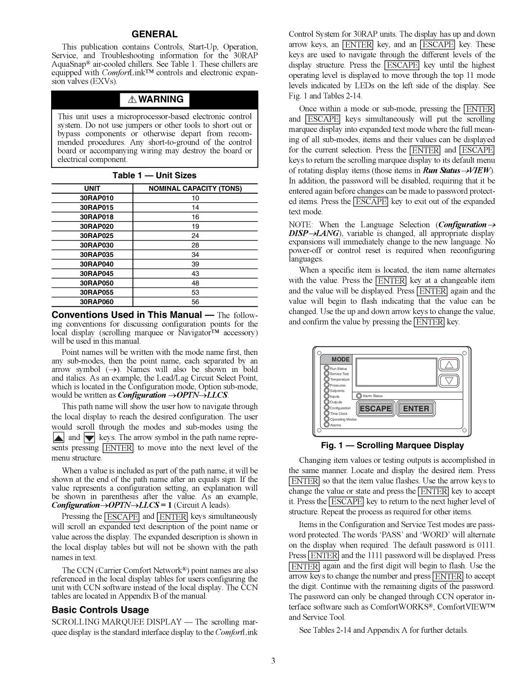 Carrier 30RAP010-060 specifications General, Basic Controls Usage, Unit Sizes, Unit Nominal Capacity Tons, Mode 