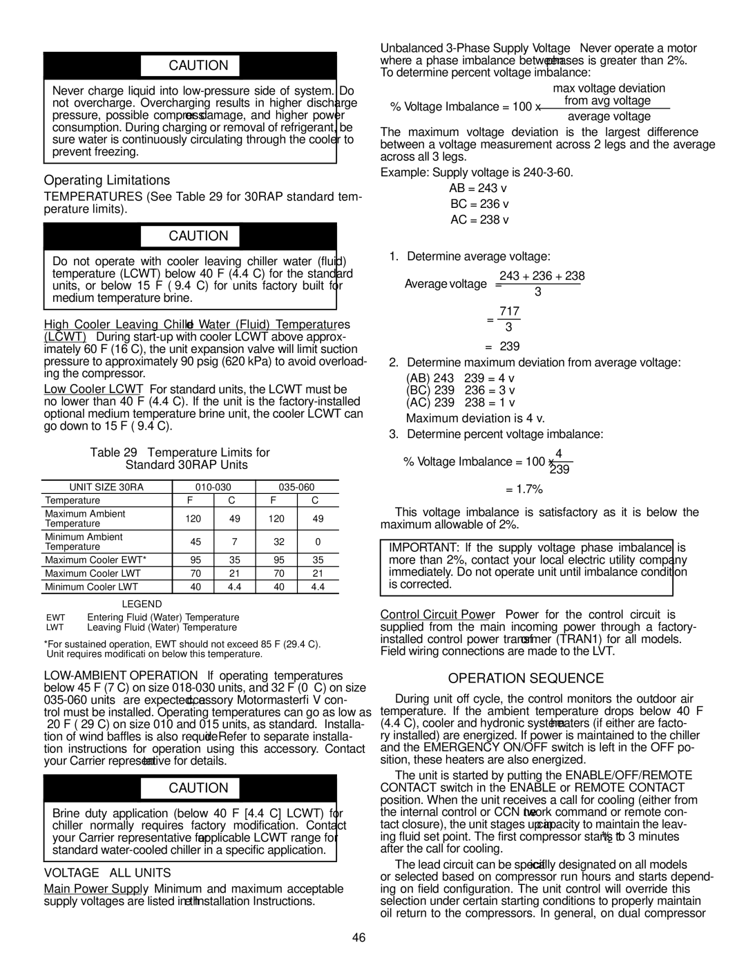 Carrier 30RAP010-060 specifications Operating Limitations, Operation Sequence, Temperature Limits for Standard 30RAP Units 