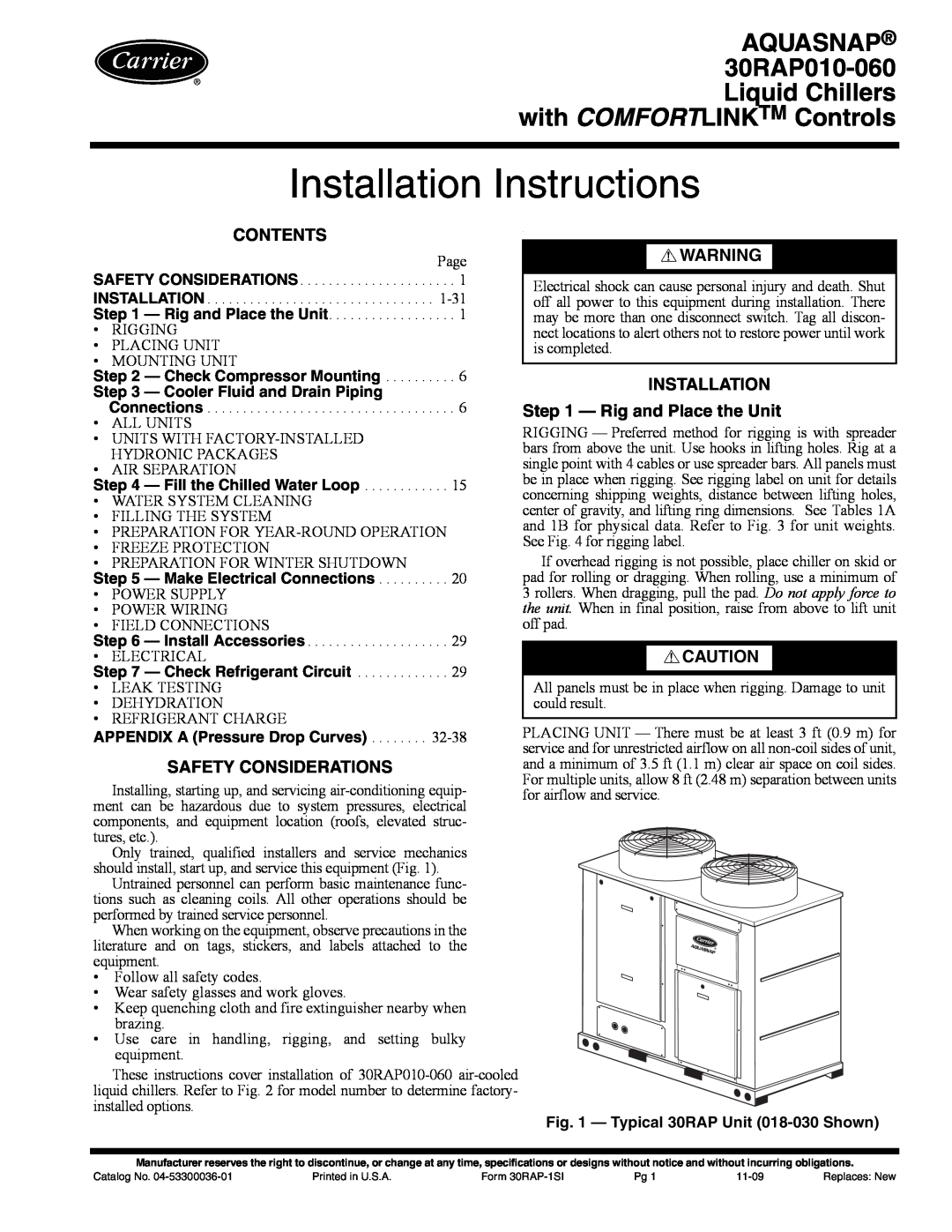 Carrier 30RAP010-060 installation instructions Contents, Safety Considerations, INSTALLATION - Rig and Place the Unit 