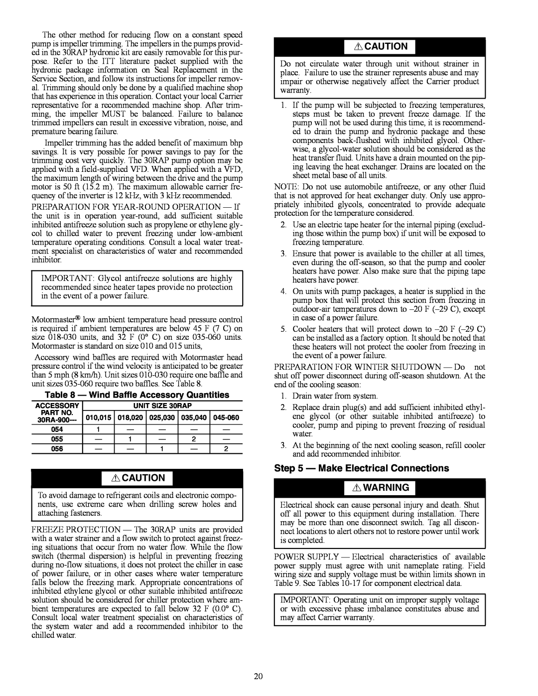 Carrier 30RAP010-060 installation instructions Make Electrical Connections, Wind Baffle Accessory Quantities 