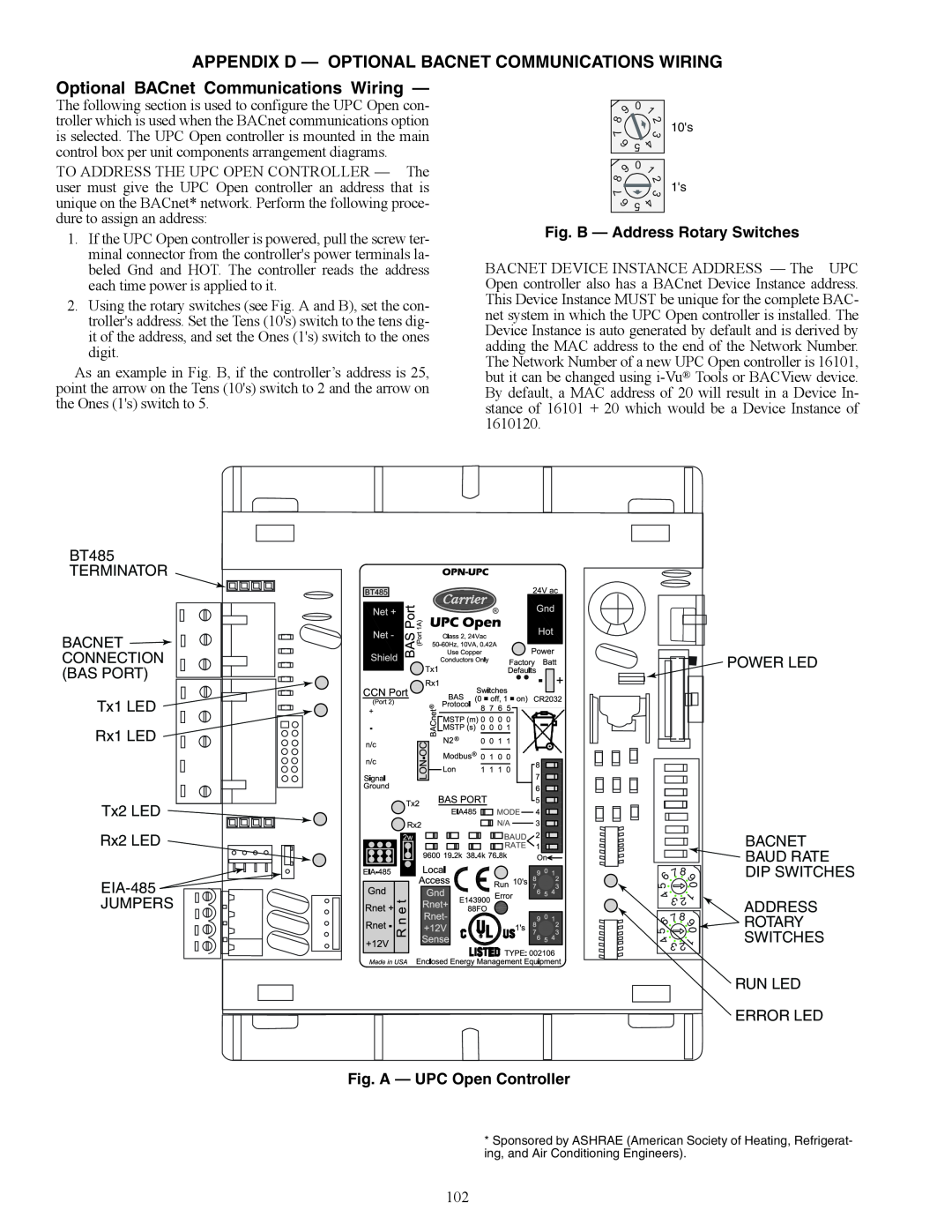 Carrier 30RAP010-060 Optional BACnet Communications Wiring, Fig. B — Address Rotary Switches, Fig. A — UPC Open Controller 