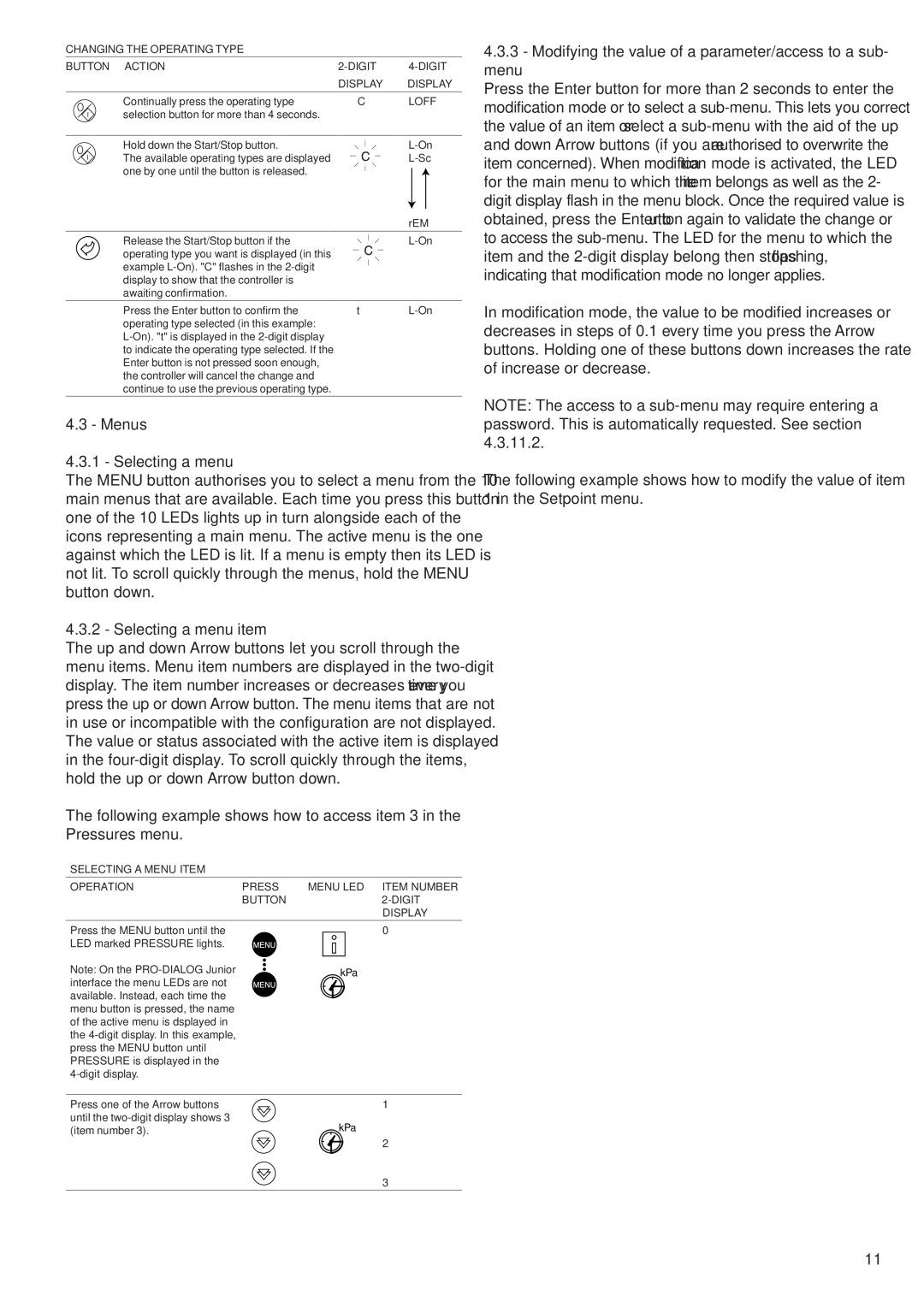 Carrier 30RY/RYH, 30RA/RH manual Menus, Selecting a menu item, Modifying the value of a parameter/access to a sub- menu 