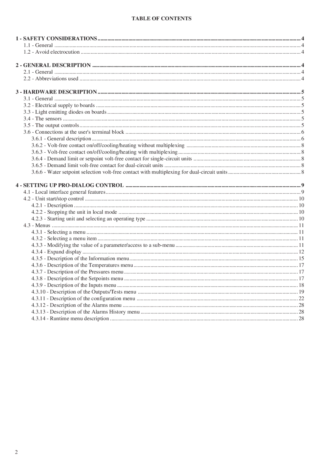 Carrier 30RA/RH, 30RY/RYH manual Table of Contents Safety Considerations 