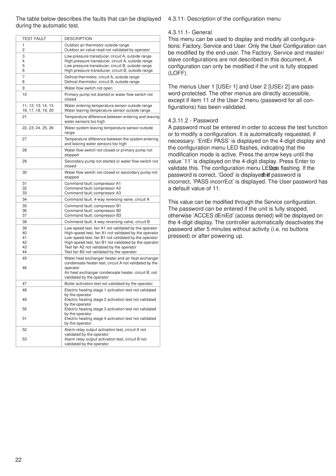 Carrier 30RA/RH, 30RY/RYH manual Description of the configuration menu General, Password, Test Fault Description 