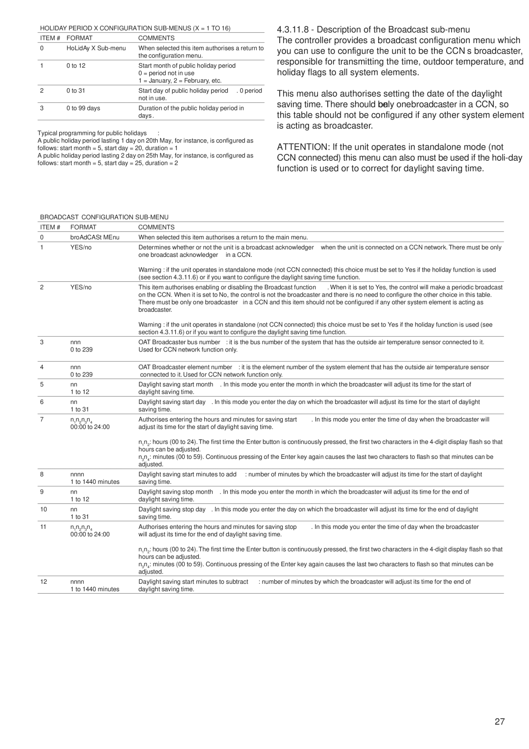 Carrier 30RY/RYH, 30RA/RH Description of the Broadcast sub-menu, Broadcast Configuration SUB-MENU, Item # Format Comments 