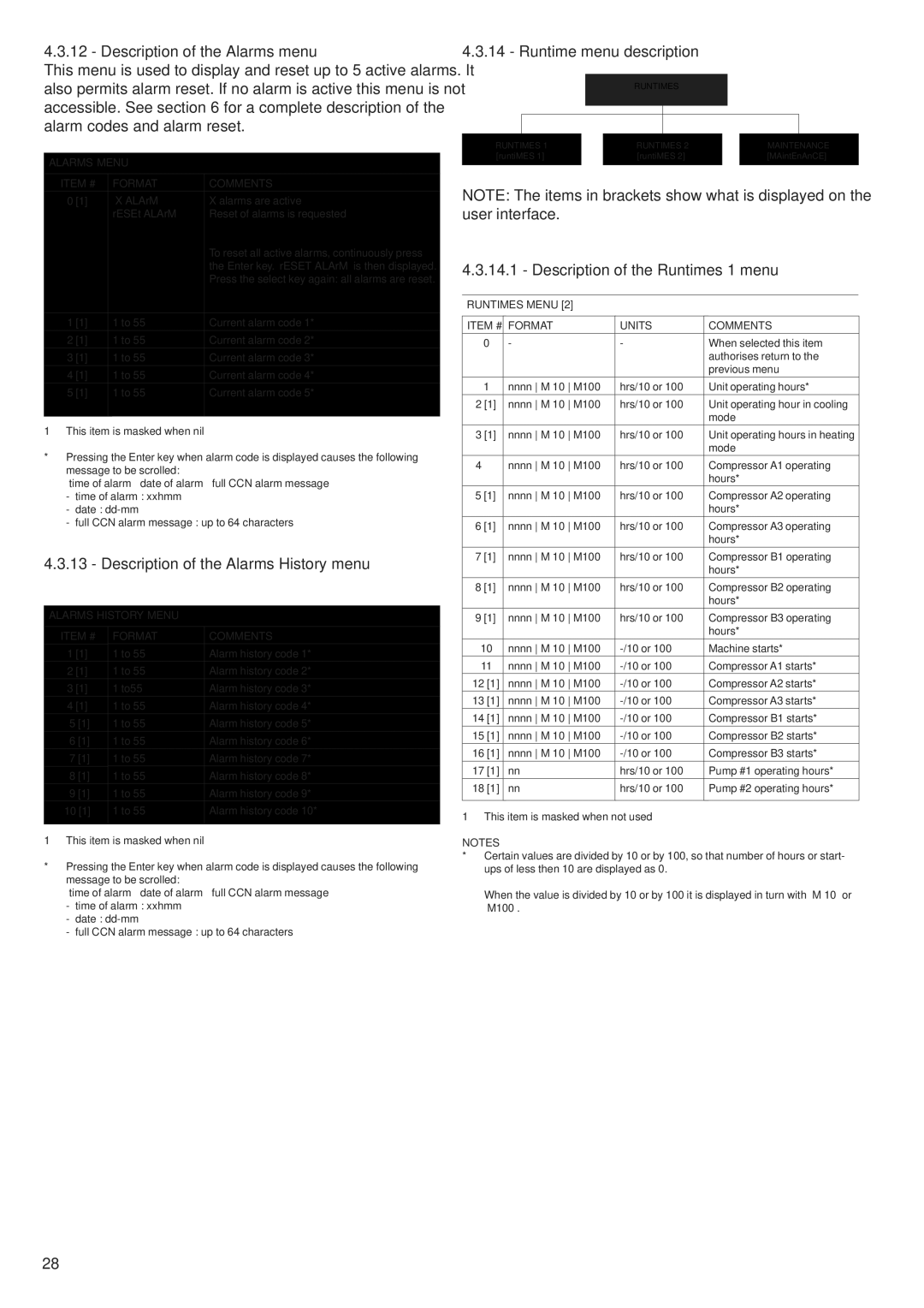 Carrier 30RA/RH, 30RY/RYH Description of the Alarms menu, Description of the Alarms History menu, Runtime menu description 