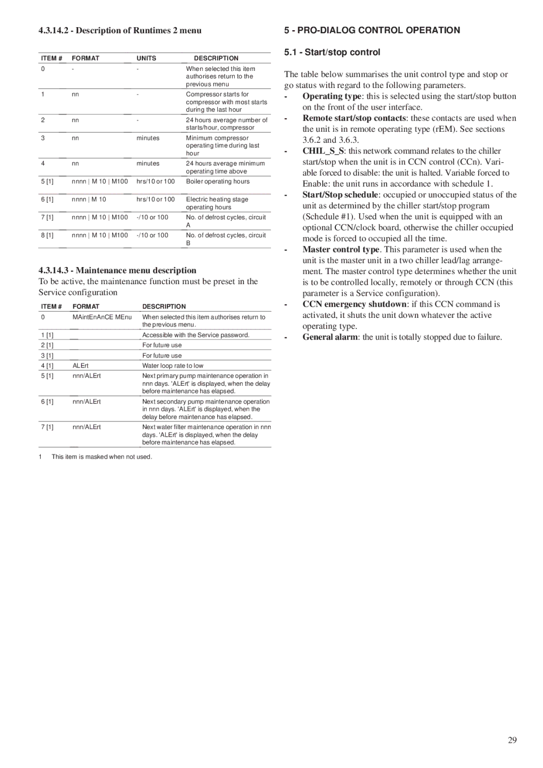 Carrier 30RY/RYH, 30RA/RH manual Description of Runtimes 2 menu, Maintenance menu description, Start/stop control 