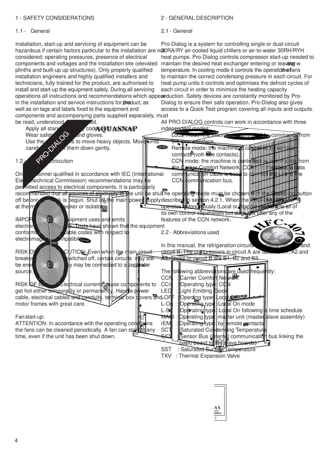 Carrier 30RA/RH, 30RY/RYH General, Avoid electrocution, Abbreviations used, Following abbreviations are used frequently 