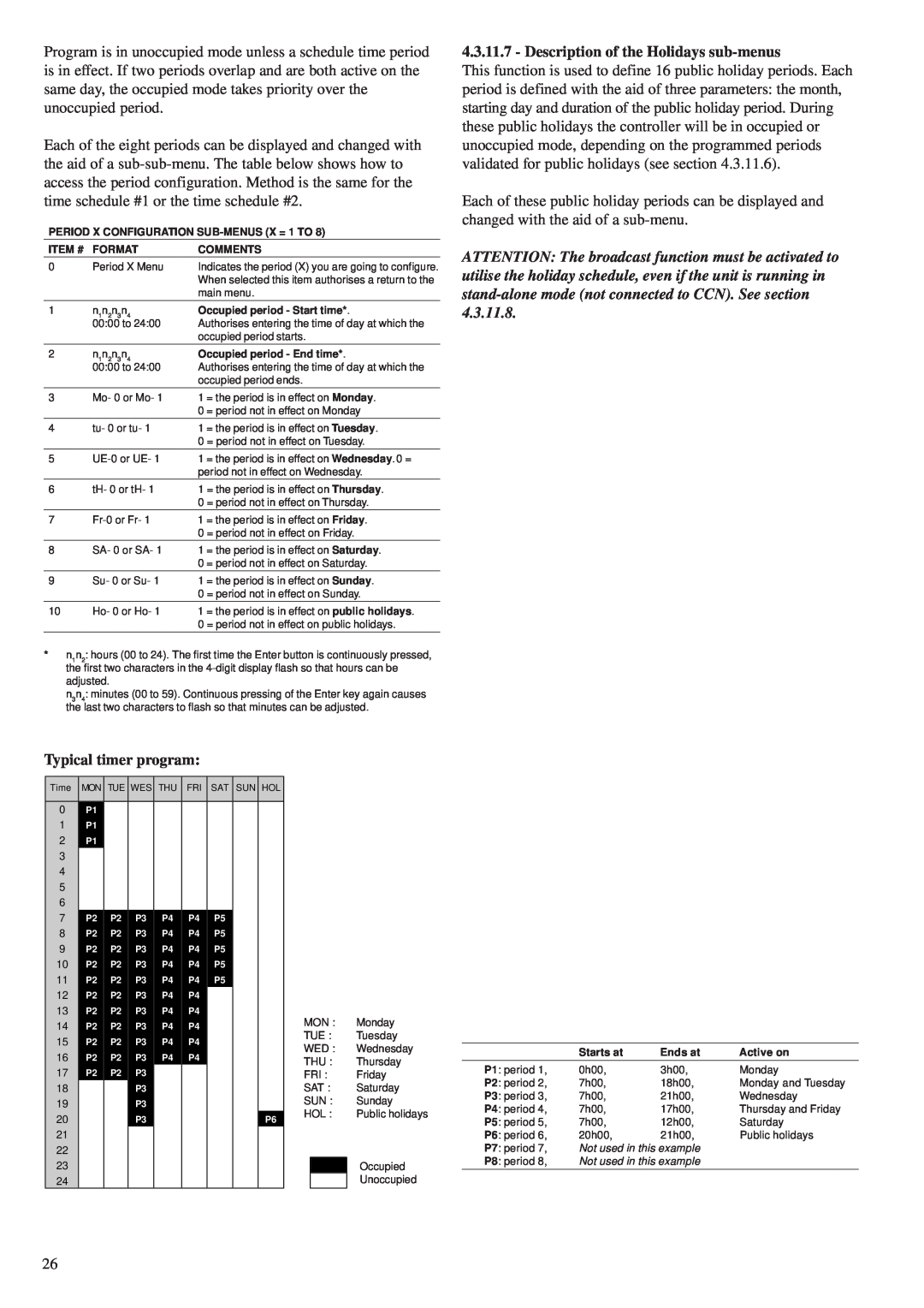 Carrier 30RA/RH, 30RY/RYH manual Description of the Holidays sub-menus, Typical timer program 