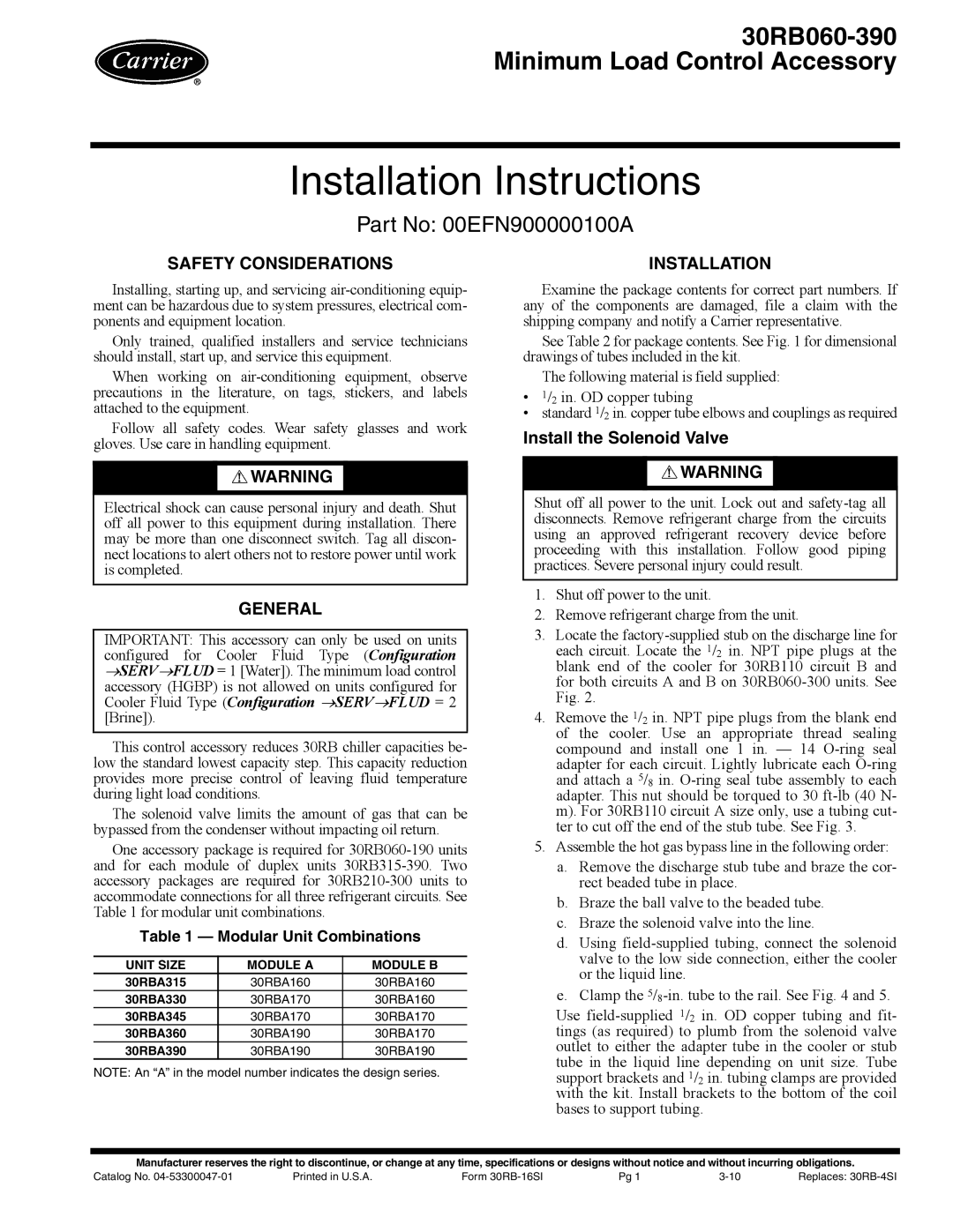 Carrier 30RB060-390 installation instructions Install the Solenoid Valve, Modular Unit Combinations 