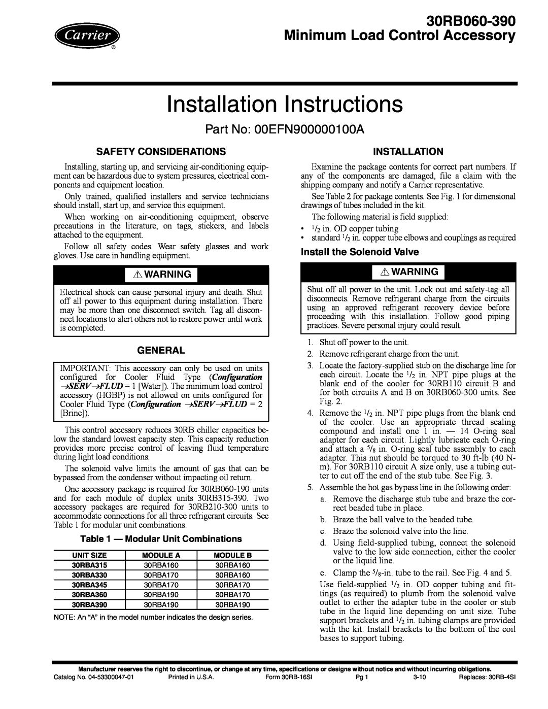 Carrier 30RB060-390 installation instructions Safety Considerations, General, Installation, Install the Solenoid Valve 