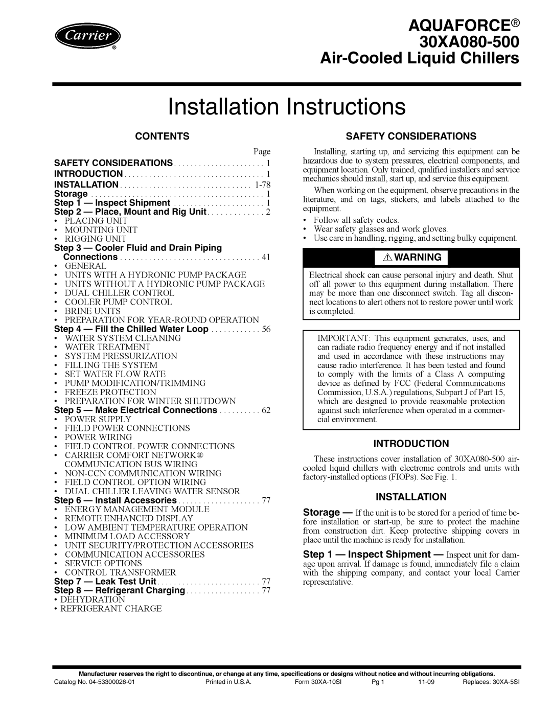 Carrier 30XA080-500 specifications Installation Instructions 