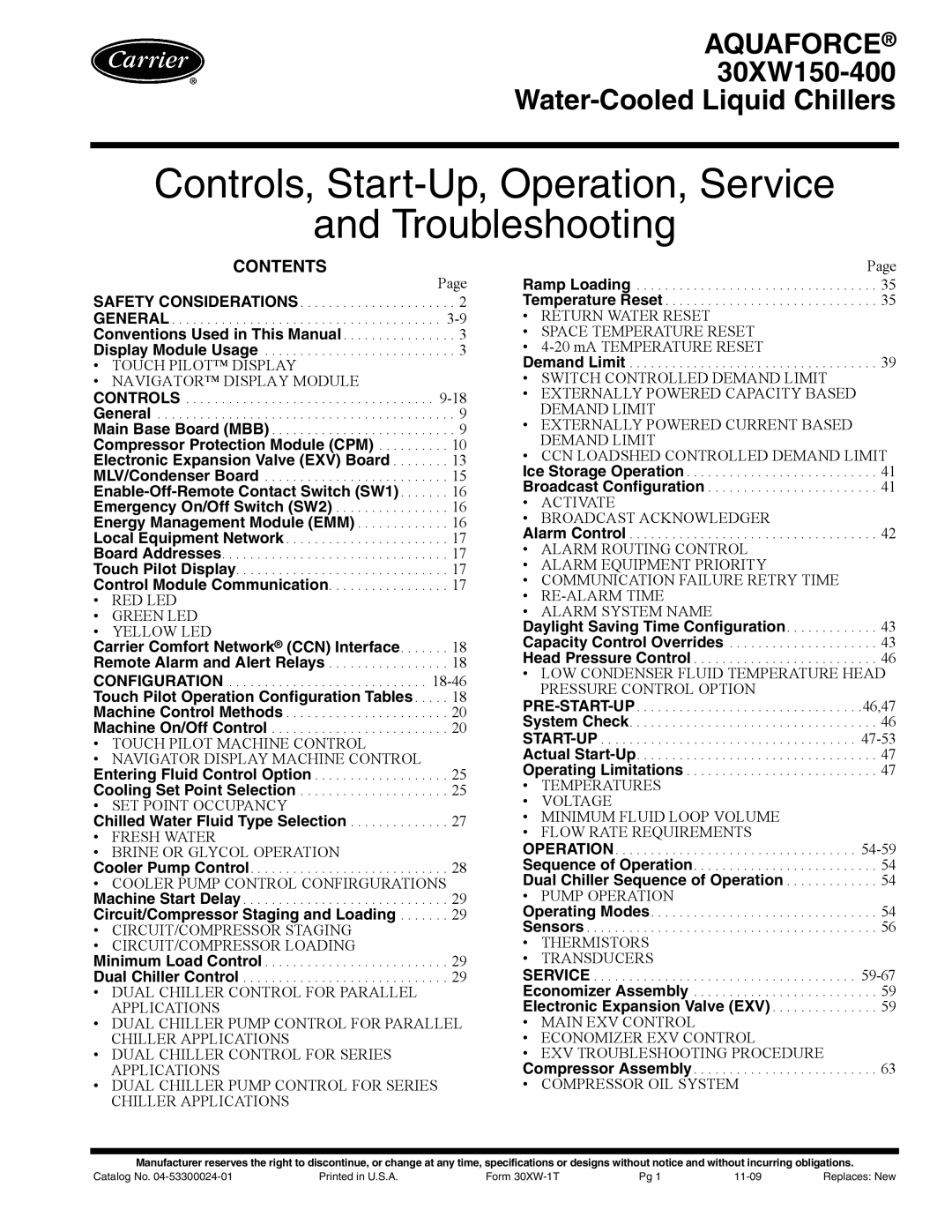 Carrier 30XW150-400 specifications Controls, Start-Up, Operation, Service Troubleshooting, Contents 