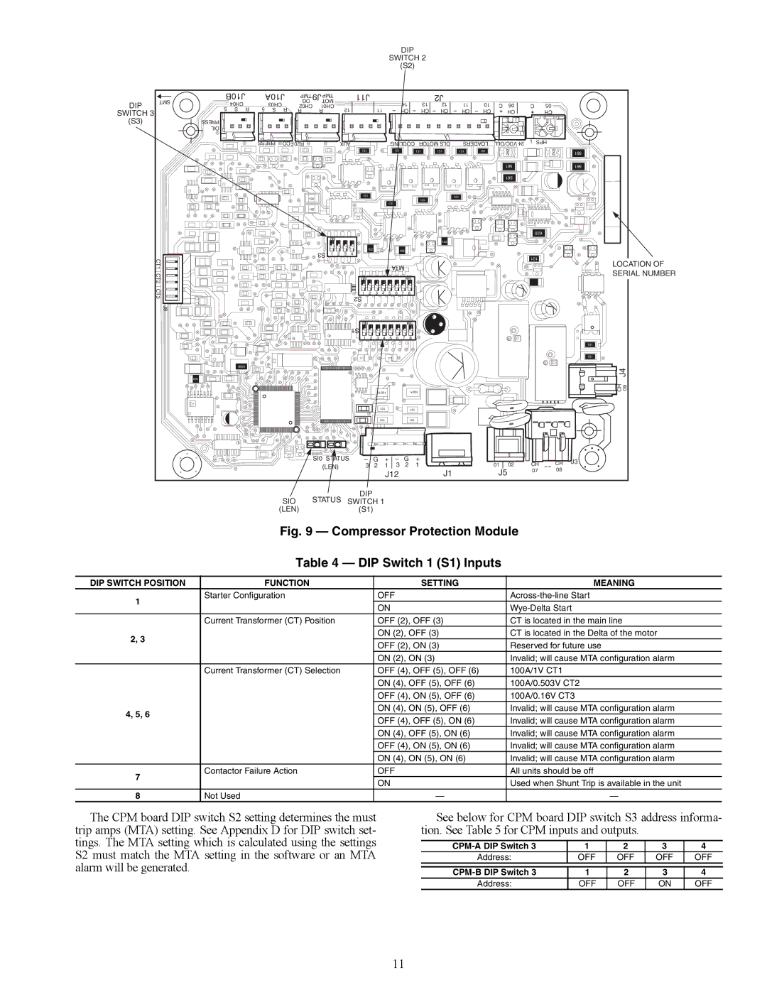 Carrier 30XW150-400 specifications DIP Switch Position Function Setting Meaning, Off 