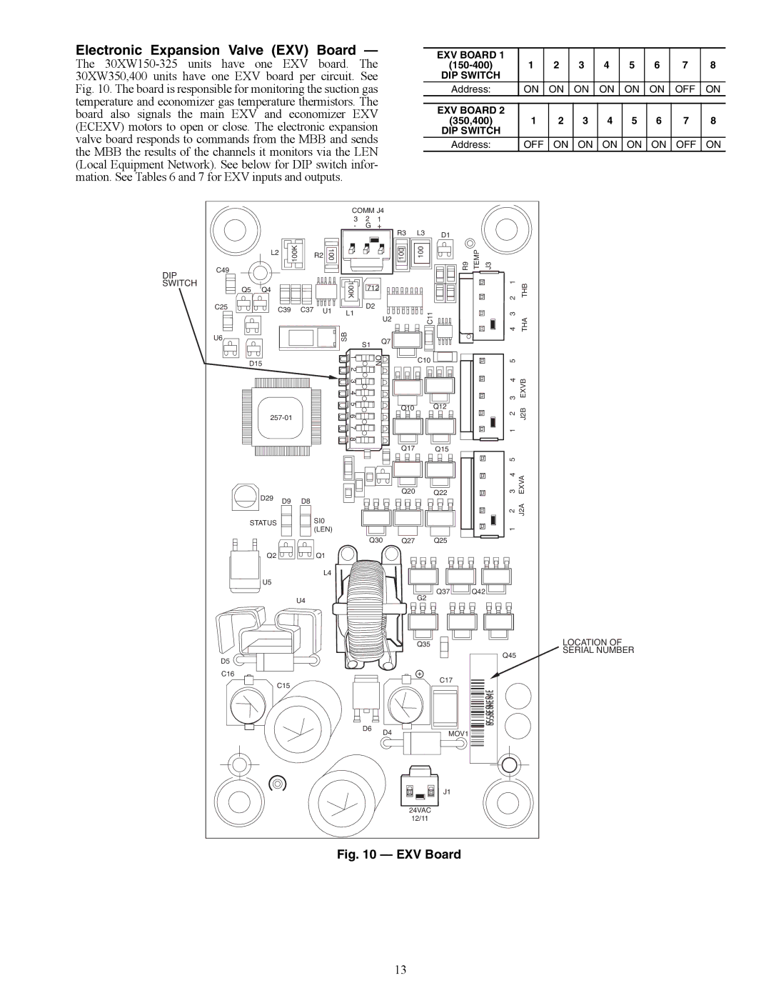 Carrier 30XW150-400 specifications Electronic Expansion Valve EXV Board, DIP Switch, OFF EXV Board, Off 