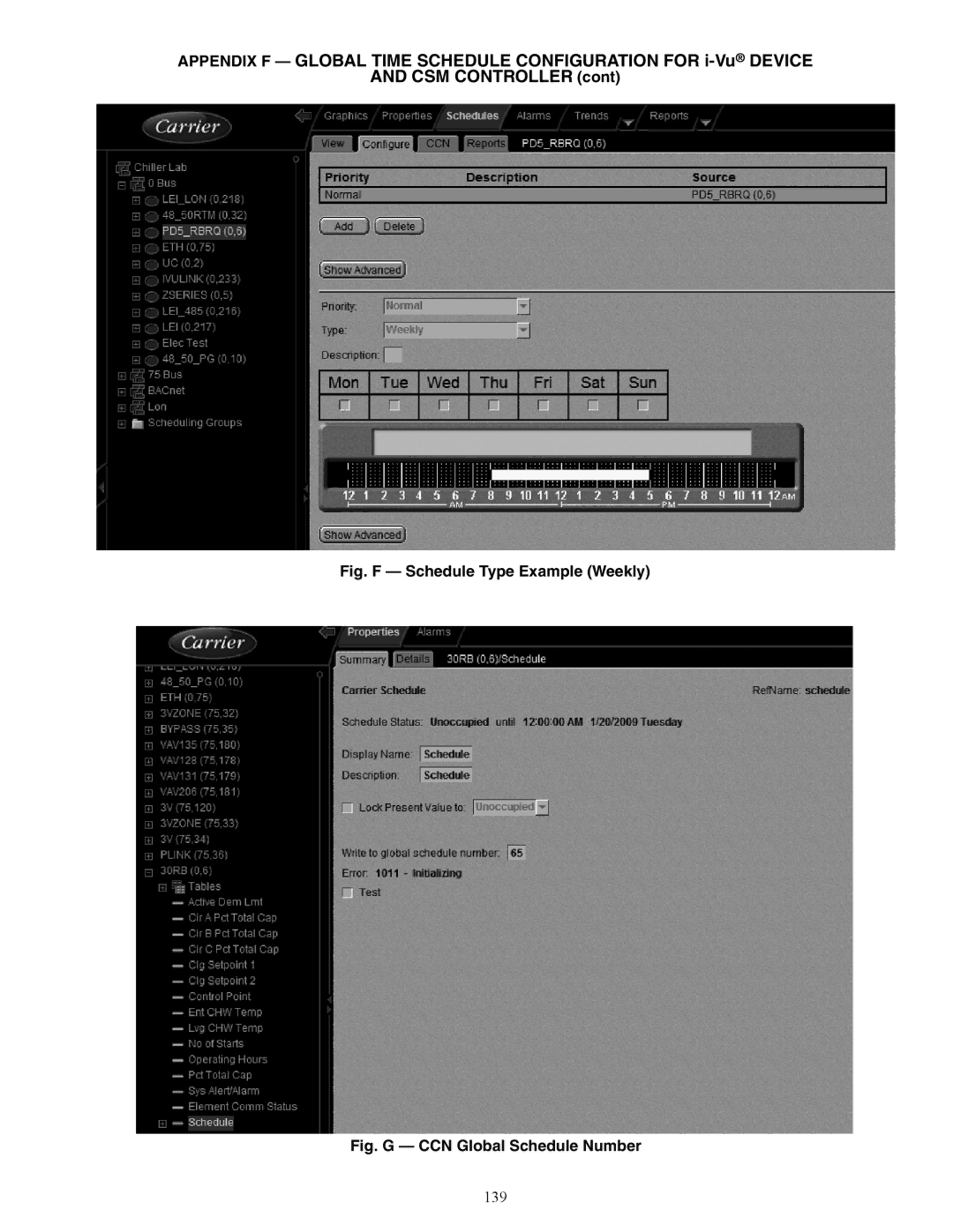 Carrier 30XW150-400 specifications Fig. F Schedule Type Example Weekly, 139 