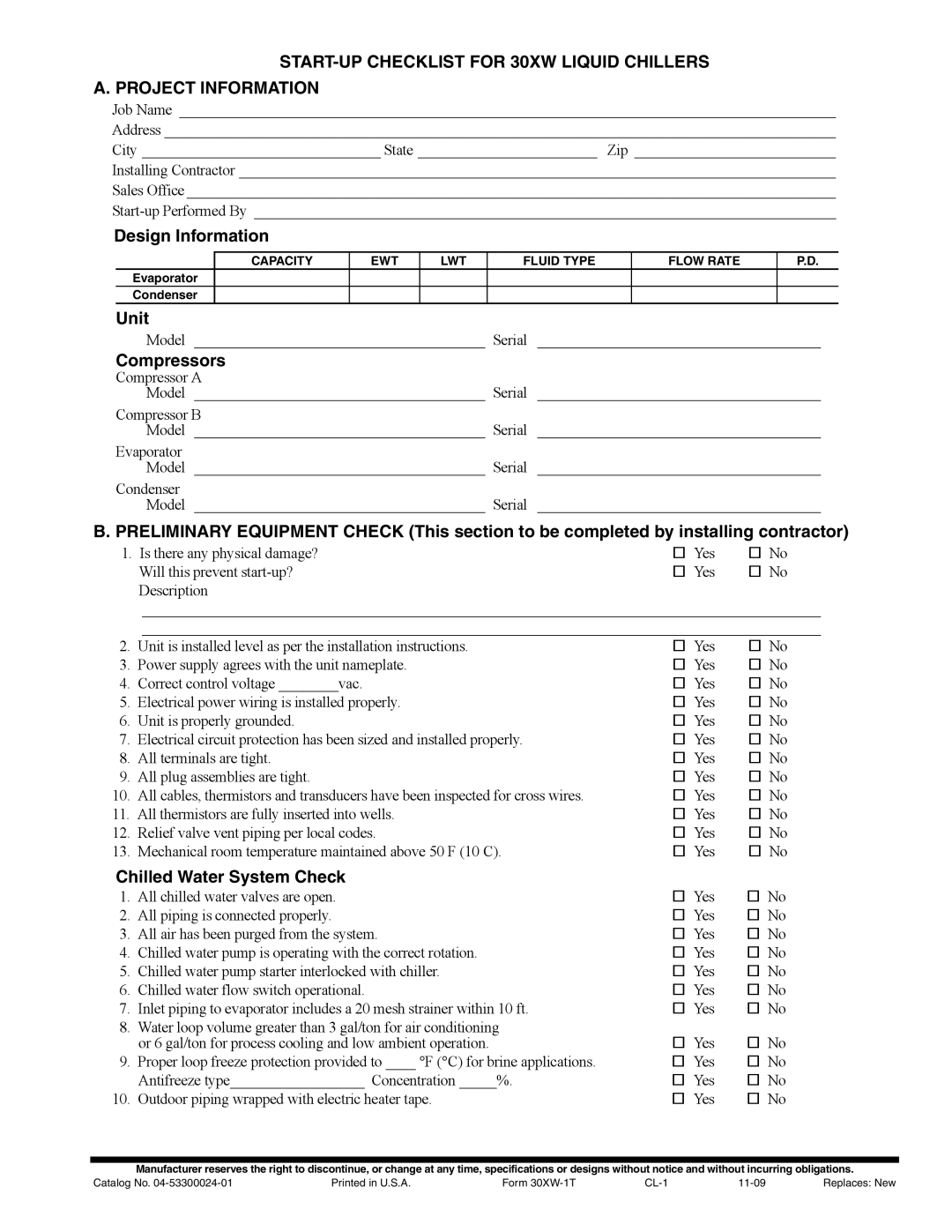 Carrier 30XW150-400 specifications Design Information, Unit, Compressors, Chilled Water System Check 