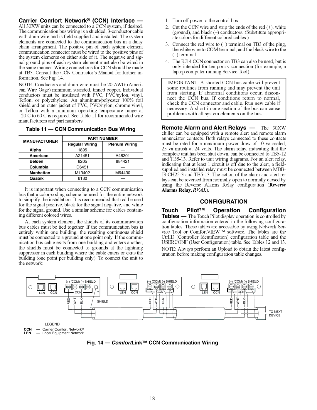 Carrier 30XW150-400 specifications Carrier Comfort Network CCN Interface, Configuration, CCN Communication Bus Wiring 