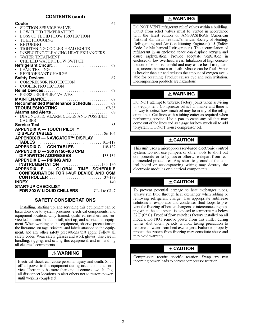 Carrier 30XW150-400 specifications Contents, Safety Considerations 