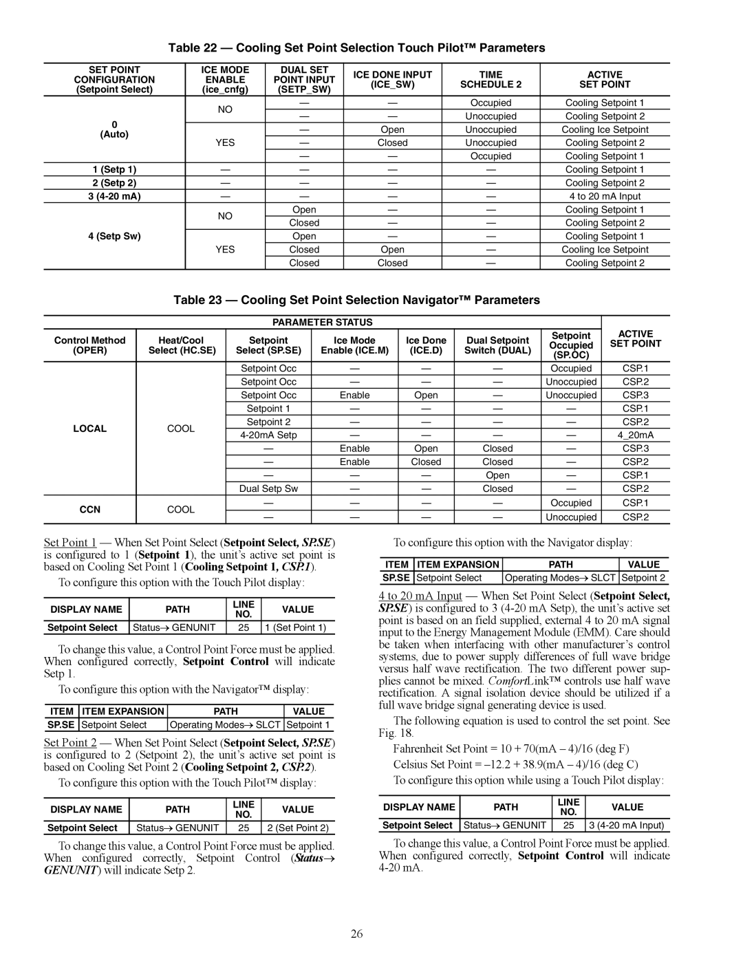 Carrier 30XW150-400 Cooling Set Point Selection Touch Pilot Parameters, Cooling Set Point Selection Navigator Parameters 