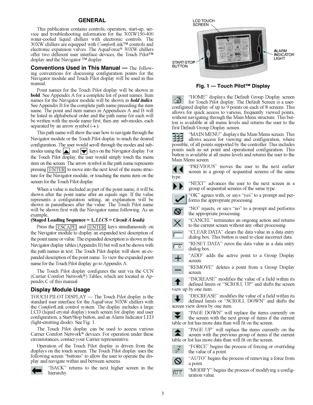 Carrier 30XW150-400 General, Display Module Usage, Modes using, First Default Group Display screen, Start-Stopbutton 