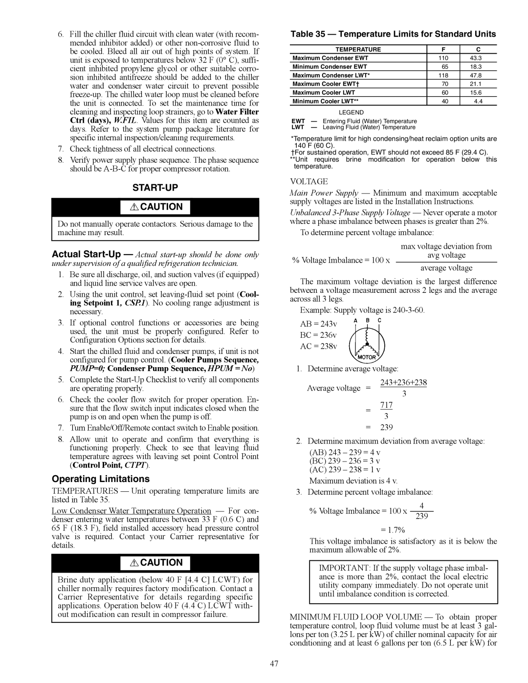 Carrier 30XW150-400 specifications Start-Up, Operating Limitations, Temperature Limits for Standard Units 