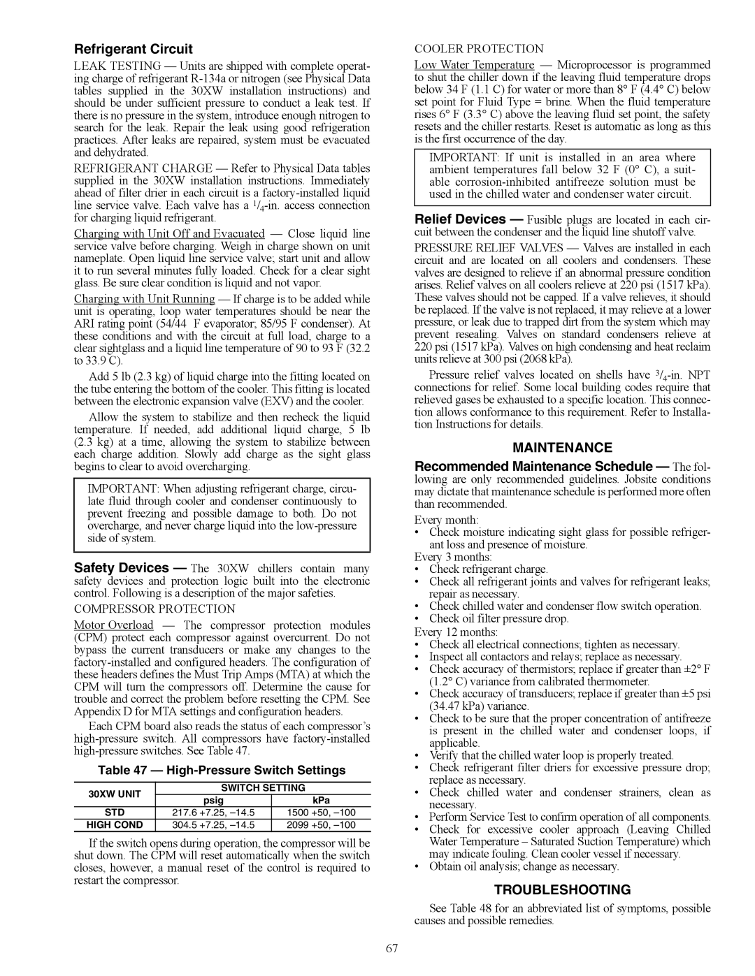 Carrier 30XW150-400 specifications Refrigerant Circuit, Maintenance, Troubleshooting, High-Pressure Switch Settings 