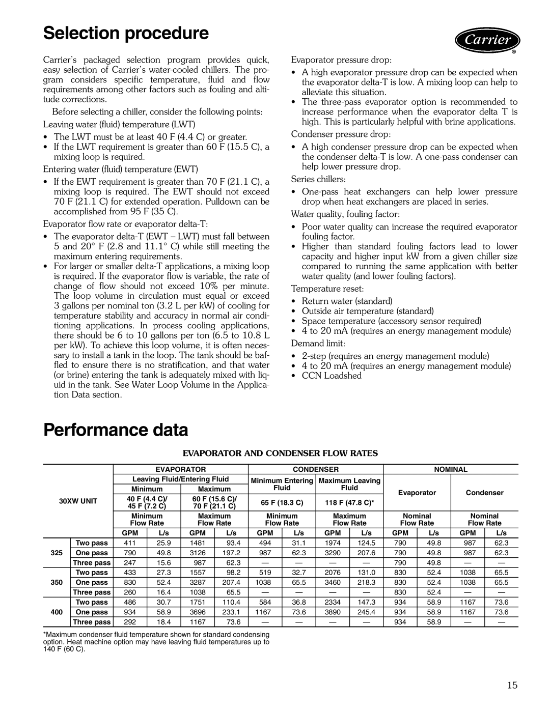 Carrier 30XW325-400 manual Selection procedure, Performance data, Evaporator and Condenser Flow Rates 